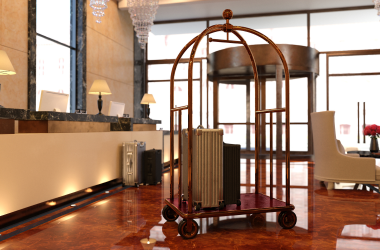 Busy hotel lobby, restaurant, or a live event setting, demonstrating the communication needs for seamless operations and guest experience.